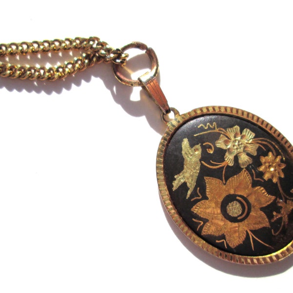 Lovely Vintage Pendant Necklace Oval Floral Flowers Bird Rose Yellow Gold Tones Damascene Spain Toledo Ware Curb Chain Stamped JH Spanish