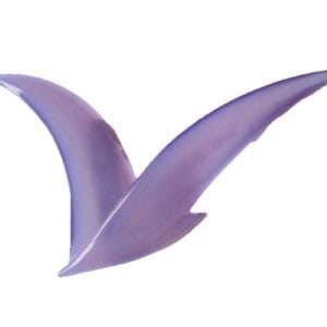 May include: An abstract sculpture in a soft lavender colour. The form resembles two curved, wing-like shapes that meet at a point, creating a dynamic and flowing visual effect. The smooth, glossy surface reflects light, enhancing its elegant appearance.