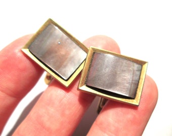 Vintage Cuff Links Cufflinks MOP Mother of Pearl Grey Brown Violet Gold Tone Geometric Rectangle Frame Original Box Jewelry for Men by WEBER