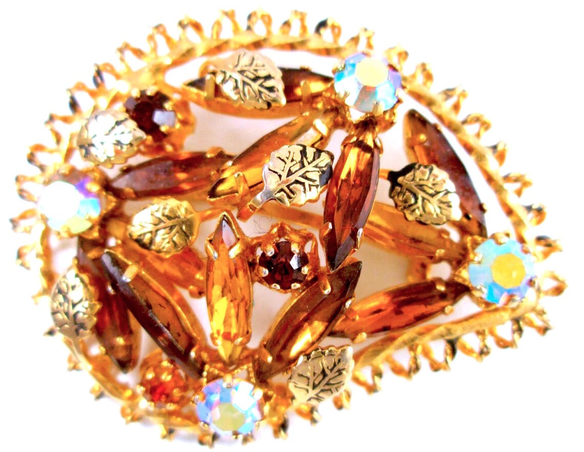 Vintage Brooch Pin Floral Gold Tone AB Aurora Borealis & Etsy