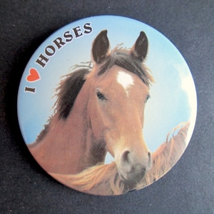 May include: A round button featuring a blue sky background and a brown horse with a white star on its forehead. The button reads "I love horses" with a red heart.