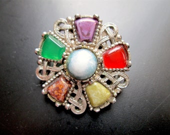 Vintage Miracle Style Art Glass Faux Semi Precious Stone Scarf Clip Shield Scottish Silver Tone Celtic Cabochon Colorful Multi Color