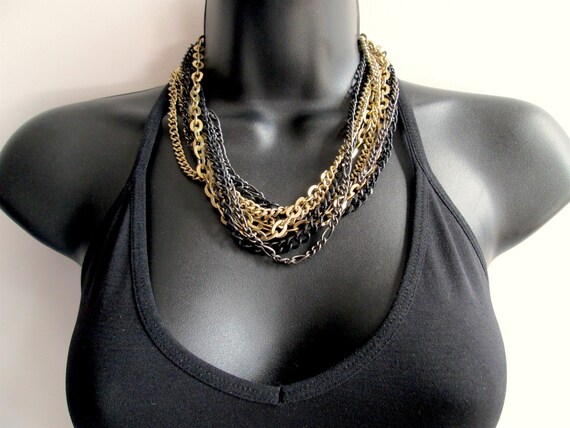 Bold Chunky Vintage Two Tone Multi Strand Chain N… - image 1