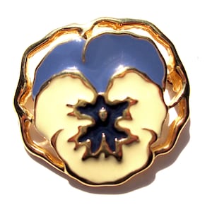 Vintage Avon Full Bloom Pansy Brooch Flower Enamel Enameled Opaque Cream Periwinkle Indigo Navy Shades of Blue Gold Tone Denim Tones image 1
