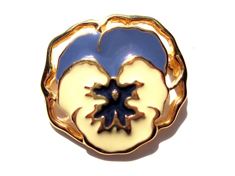 Vintage Avon Full Bloom Pansy Brooch Flower Enamel Enameled Opaque Cream Periwinkle Indigo Navy Shades of Blue Gold Tone Denim Tones image 1
