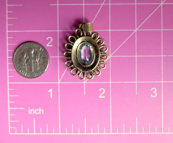 Stunning Vintage Signed A*D Andreas Daub Amerikaner Gold Tone Pendant with Blue Topaz Glass Stone Oval Floral Loops Victorian Revival View 5