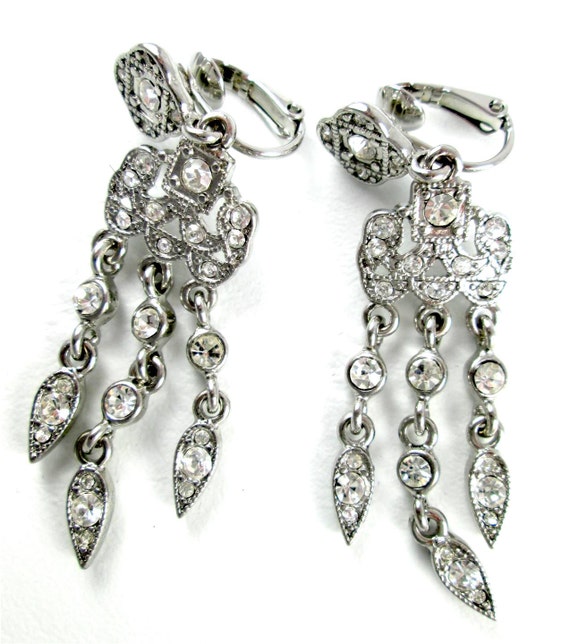 AVON of Belleville Shoulder Dusters Runway Climber Earrings Designer Vintage Hand Set Rhinestone Rhodium Clip Ons Black Tie Affair SALE