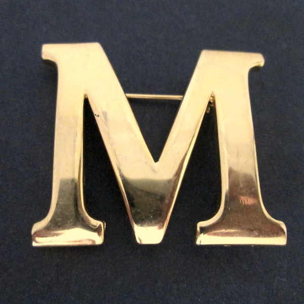 Timeless Vintage Brooch Signed © AK Anne Klein Initial Capital Letter M Shiny Gold Tone Bold Chunky Classic Sleek Minimalist Name Monogram