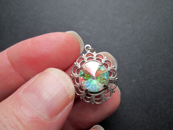 Vintage Silver Tone Filigree Pendant with Claw Set AB Aurora Borealis Rivoli Rhinestone Dainty Delicate Pressed Stamped Cutout Sparkly Glowy View 2
