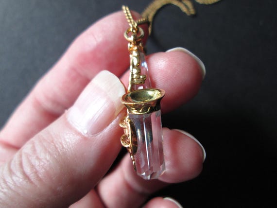 Wonderful Vintage Pendant Necklace Swarovski Swan Mark Figural Clear Faceted Crystal Saxophone Musical Instrument Shiny Gold Tone Signed View 6
