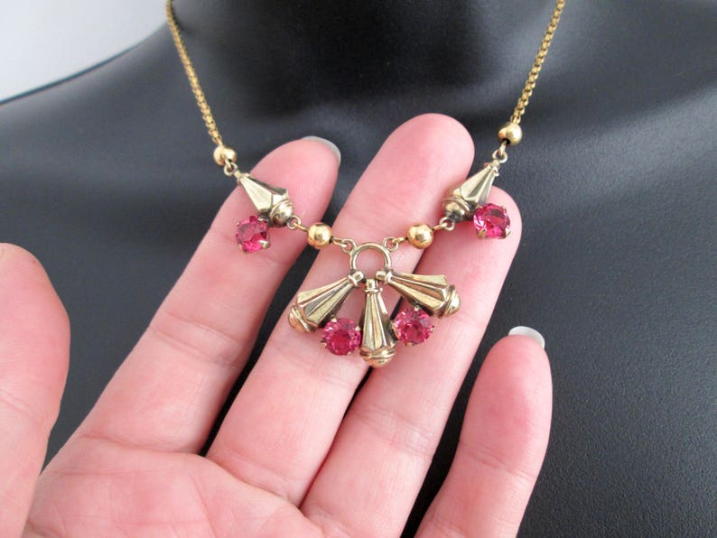 Stunning Vintage Signed 120 10K AMCO GF Yellow Gold Filled Claw Set Bright Shocking Pink Sapphire Tourmaline Rhinestones Necklace Pressed
