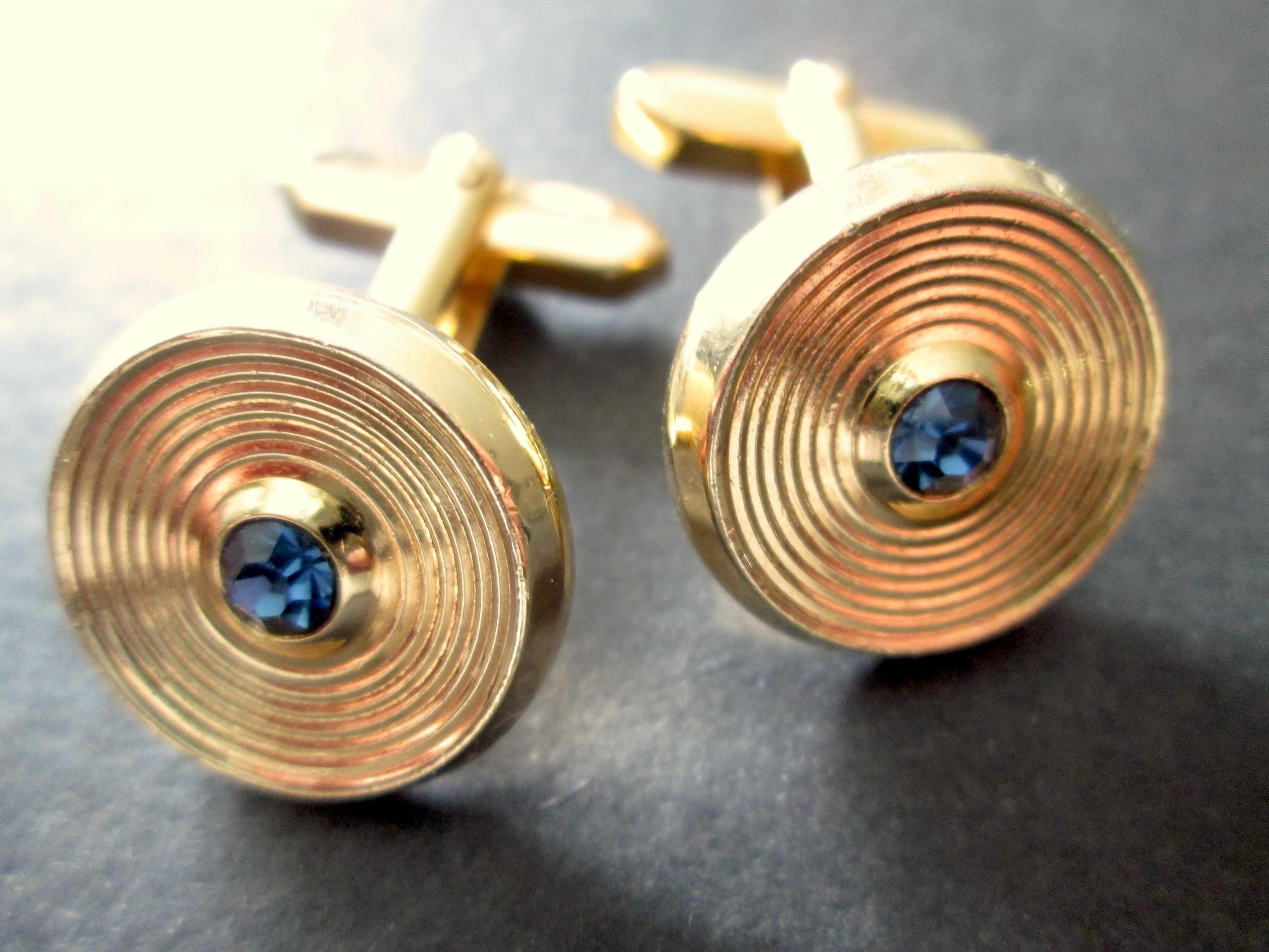 Boutons De Manchette Vintage USA - Lucite Bleu Saphir Avec Laiton - Style Mid Century Modernist