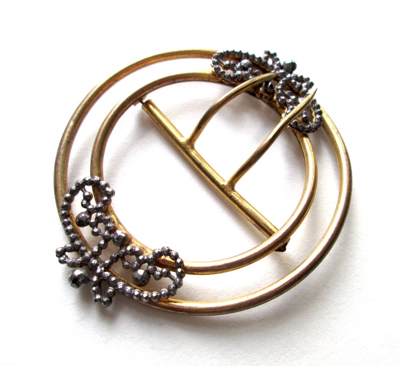 Amazing Antique Victorian Edwardian Art Nouveau Cut Steel Butterfly Butterflies Double Circle Circular Sash Pin Belt Buckle Gold Silver Tone
