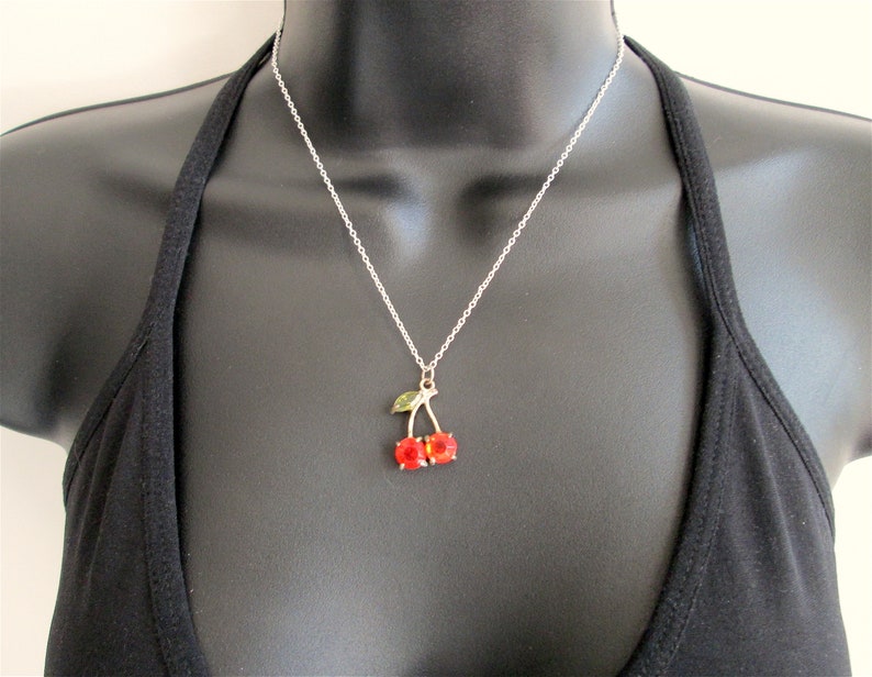 Adorable Vintage Figural Cherries Rhinestone Pendant Necklace Peridot Green Navette Leaf Padparadscha Orange Red Claw Set Cherry Silver Tone