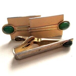 Boutons De Manchette Et Barrette De Cravate Swank En Jade Vert Ovale - Occasion