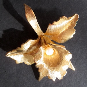 Lovely Vintage Brooch Figural Orchid Gold Tone Faux Pearl Accent Inventory Number 1146 Unsigned Dorlan Textured Flower Floral Marcel Boucher