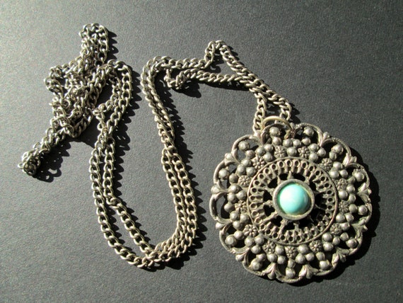 Fun Vintage Medallion Pendant Necklace Dark Silve… - image 1