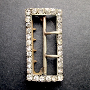 Sweet Little Antique Victorian Edwardian Vintage Claw Rectangular Sash Belt Buckle Clear Rhinestones Silver Tone Marked METAL Hallmark