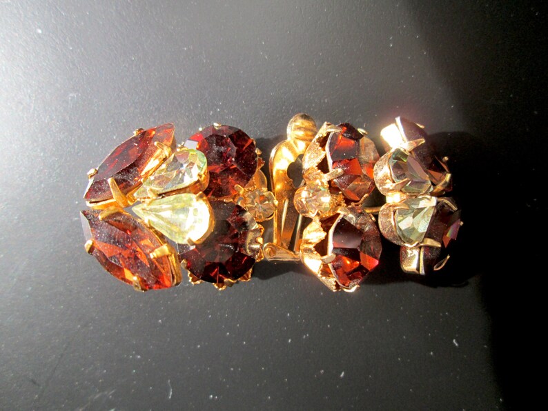 Vintage Signed Triad Topaz Rhinestone Claw Set Gold Tone Clip On Earrings Chunky Statement Russet Brown Lemon Yellow Navette Pear Large image 2