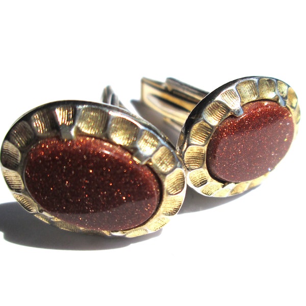 Timeless Vintage Gold Tone Orange Goldstone Claw Set Oval Cuff Links Cufflinks Sun Stone Sunstone Sparkly Fiery Classic Scalloped Bullet