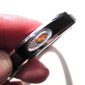 Rare Vintage Bangle Bracelet Signed De Passile Sylvestre Shiny Silver Tone Guilloche Enamel Modernist Honey Gold Black Oval Geometric Quebec