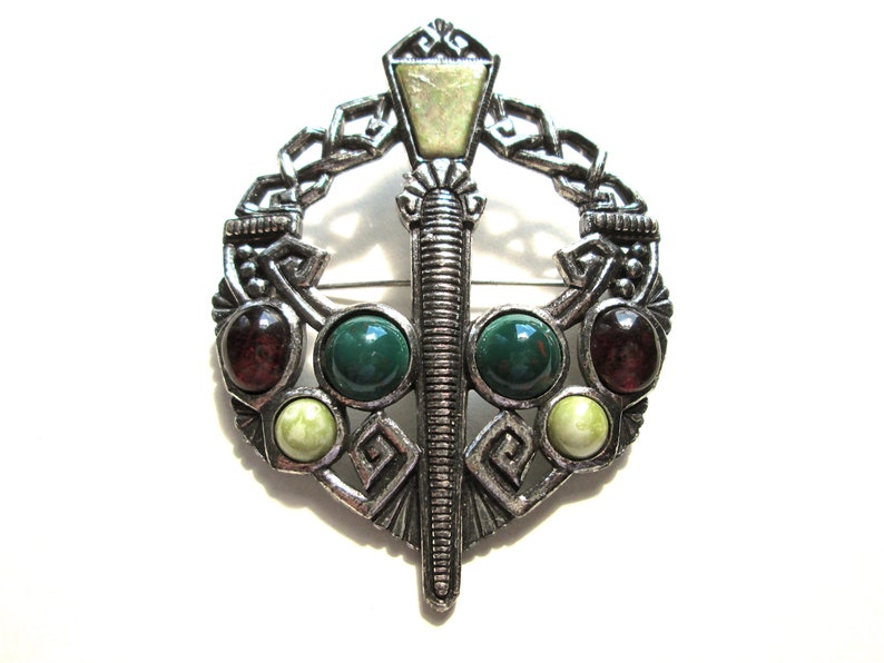 Vintage Celtic Signed Sol d/'Or Penannular Kilt Cloak Pin Style Brooch Miracle Pewter Tone Faux Connemara Marble Art Glass Cabochon Soldor