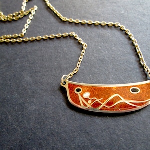 Vintage De Passille Sylvestre Enamel Modernist Pendant Necklace Abstract Guilloche Bold Statement Family Rich Copper Brown Gold Tone Chain