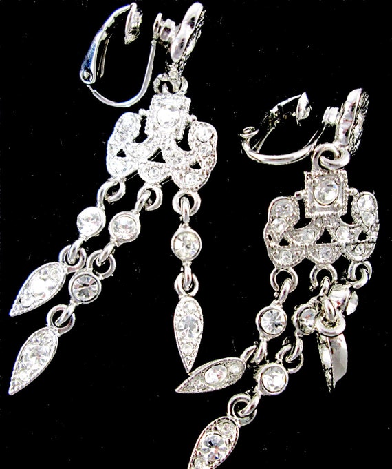 AVON of Belleville Shoulder Dusters Runway Climber Earrings Designer Vintage Hand Set Rhinestone Rhodium Clip Ons Black Tie Affair SALE
