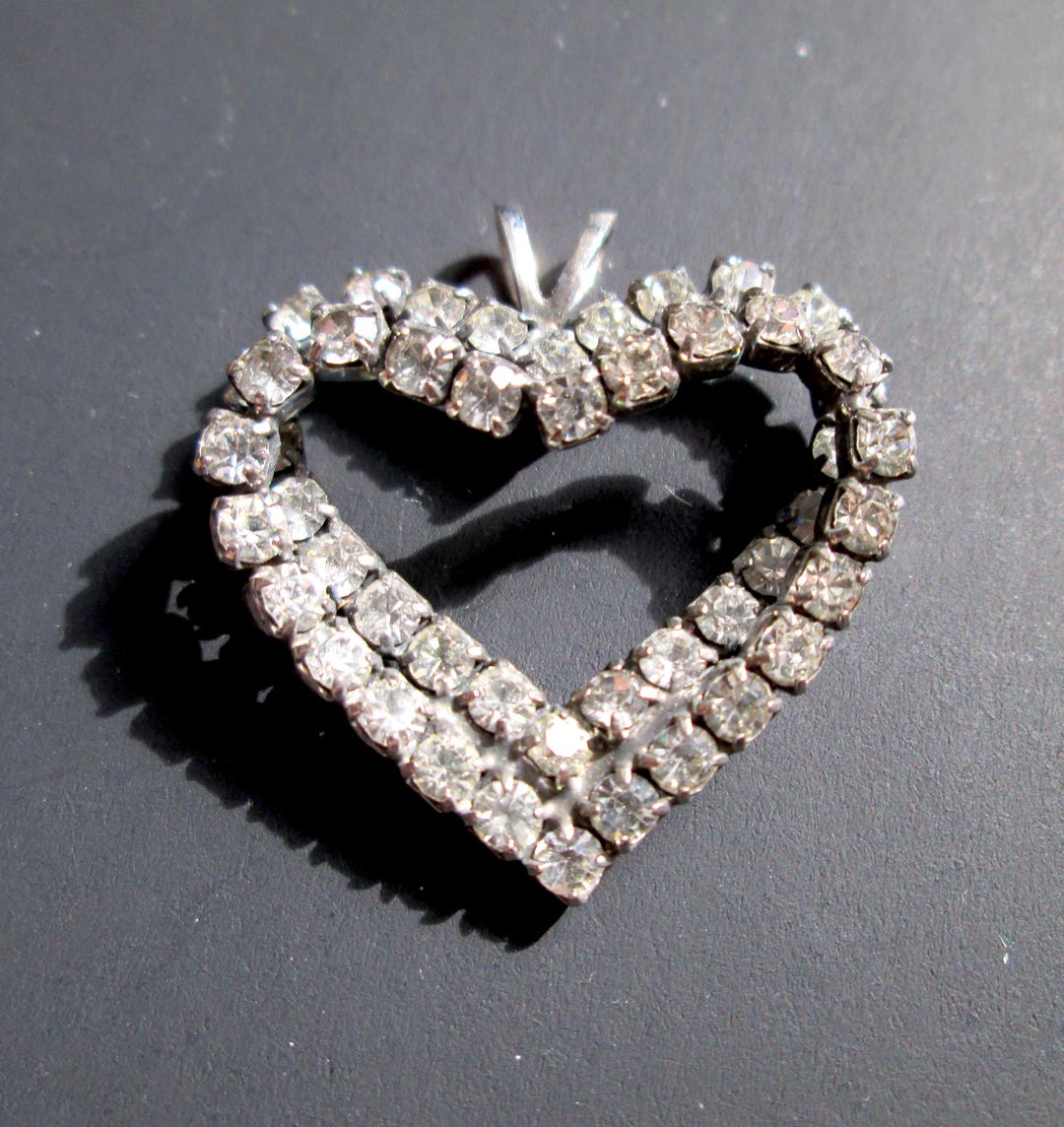 Vintage Silver Tone Pendant Double Open Heart Clear Rhinestones Claw ...