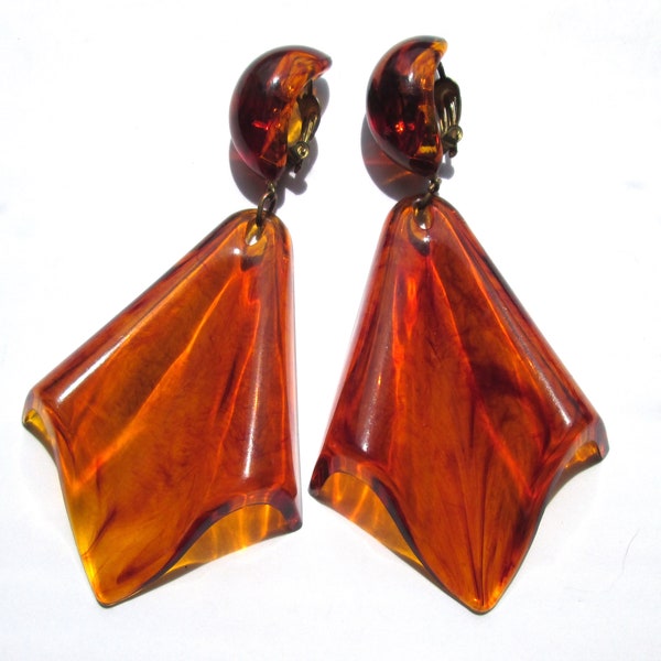 Fabulous Vintage Clip On Earrings Oversized Faux Tortoise Shell Translucent Marbled Marked Western Germany Draped Bubble Folded Drop Gold Tn