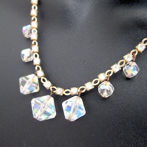 Wonderful Vintage Necklace Faceted Aurora Borealis AB Drops Beads Claw Set Rhinestones Gold Tone Choker Collar Length Single Strand Chain