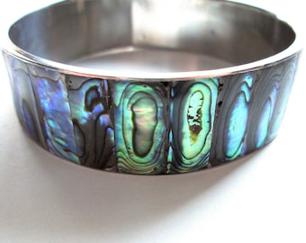 Wonderful Vintage Bangle Bracelet Abalone Inlay Panel Panels Inlaid Shell Silver Tone Base Minimalist Timeless Rainbow Handmade Hand Made