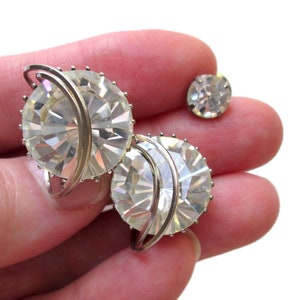 Bold Vintage Cuff Link and Tie Tack Set Larger Clear Faceted Claw Set Rhinestones Silver Tone Mid Century MCM Statement Cuff Links Cufflinks
