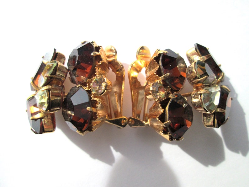 Vintage Signed Triad Topaz Rhinestone Claw Set Gold Tone Clip On Earrings Chunky Statement Russet Brown Lemon Yellow Navette Pear Large image 5