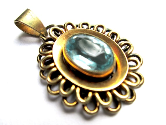 Stunning Vintage Signed A*D Andreas Daub Amerikaner Gold Tone Pendant with Blue Topaz Glass Stone Oval Floral Loops Victorian Revival