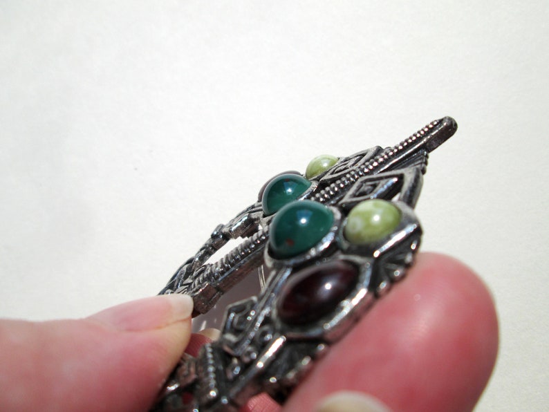 Vintage Celtic Signed Sol d/'Or Penannular Kilt Cloak Pin Style Brooch Miracle Pewter Tone Faux Connemara Marble Art Glass Cabochon Soldor