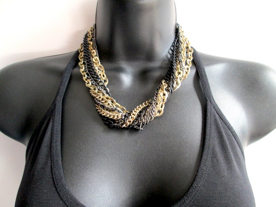 Bold Chunky Vintage Two Tone Multi Strand Chain N… - image 6