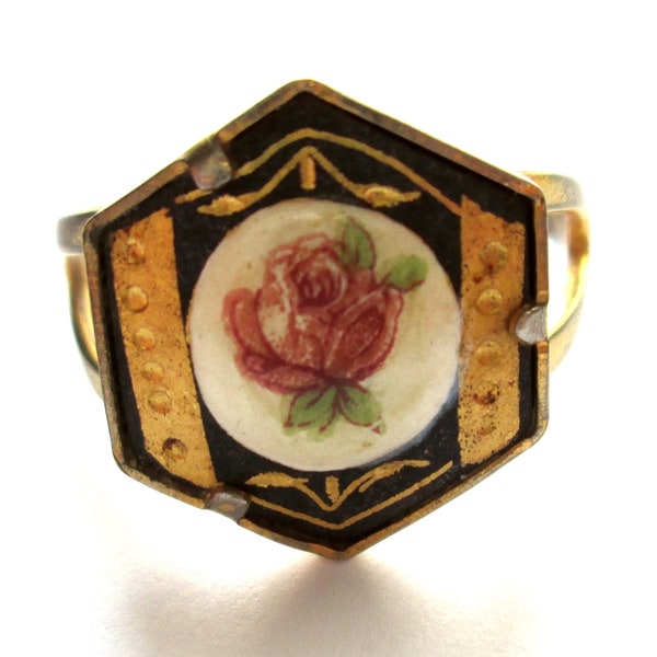 Sweet Vintage Ring Hexagon Shaped Damascene Adjustable Gold Tone Pearly White Enamel Delicate Pink Rose Overlay Unusual Dainty Floral Flower