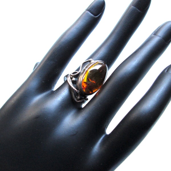 Lovely Vintage Statement Ring Sterling Silver Stamped G 925 5.2g Bezel Set Oval Honey Amber Cabochon Size 7 Art Nouveau Revival Bold Chunky