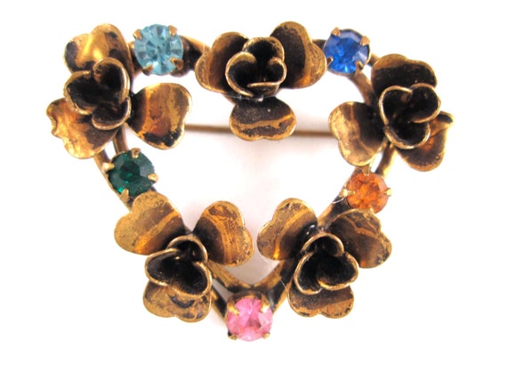 Signed Jewelry 1950s Flower Floral Vintage Austria Green Rhinestone Brooch Pin Evening Goldtone