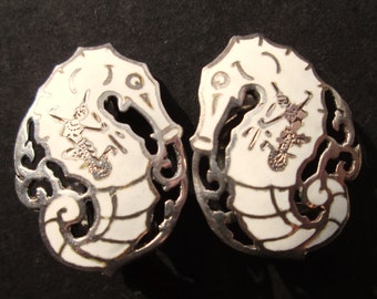 Vintage SIAM STERLING Thai Seahorse Mekkala Goddess Lightning Niello Nielloware Earrings Clip On 925 Silver 5.6g Rare White Enamel Thailand