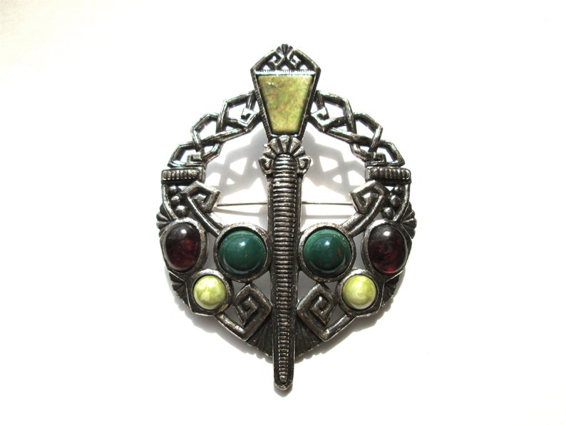Vintage Celtic Signed Sol d/'Or Penannular Kilt Cloak Pin Style Brooch Miracle Pewter Tone Faux Connemara Marble Art Glass Cabochon Soldor