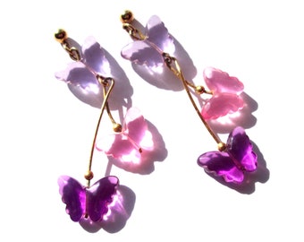 Adorable Vintage Dangle Drop Earrings Pink Purple Lucite Butterflies Gold Tone Avon 1990's Butterfly Dazzling Dangle Pierced Post Fun