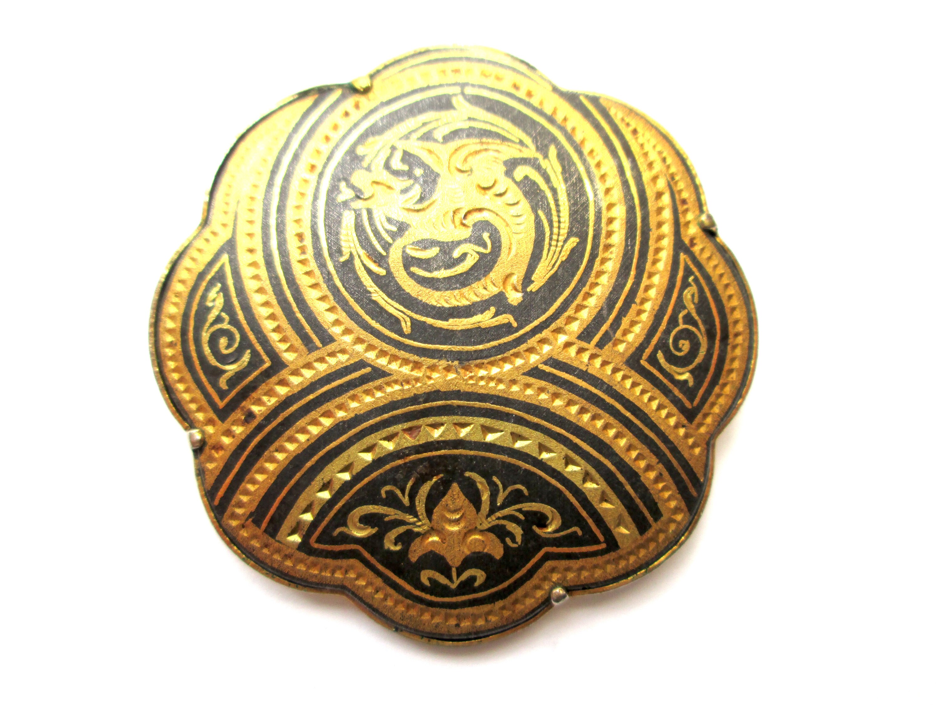 Vintage Damascene Brooch Pin Trombone Clasp Catch Black Gold Etsy UK