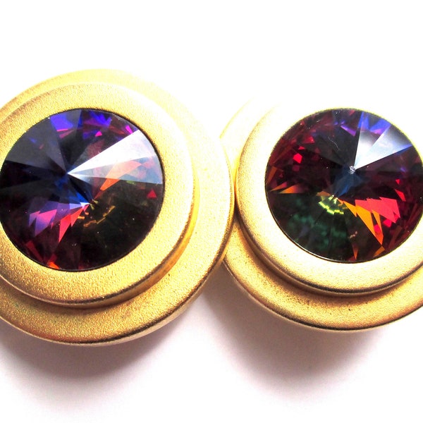 Fabulous Vintage Clip On Earrings Bold Chunky Matte Yellow Gold Tone Rainbow 15.5 mm Rivoli Cut Volcano Electra Vitrail Textured Brushed