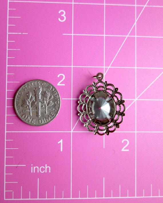 Vintage Silver Tone Filigree Pendant with Claw Set AB Aurora Borealis Rivoli Rhinestone Dainty Delicate Pressed Stamped Cutout Sparkly Glowy View 5