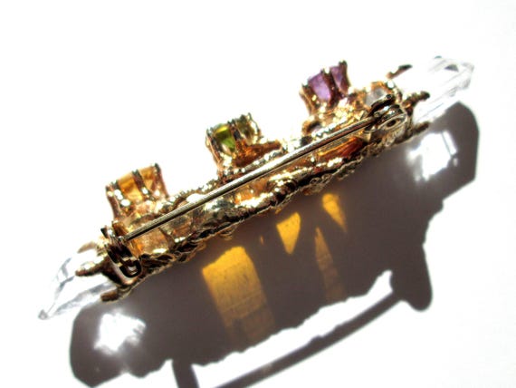 Lovely Vintage Wand Brooch Textured Gold Tone Root Tree Branch Quartz Point Mystical Amethyst Purple Citrine Yellow Peridot Moldavite Green View 5