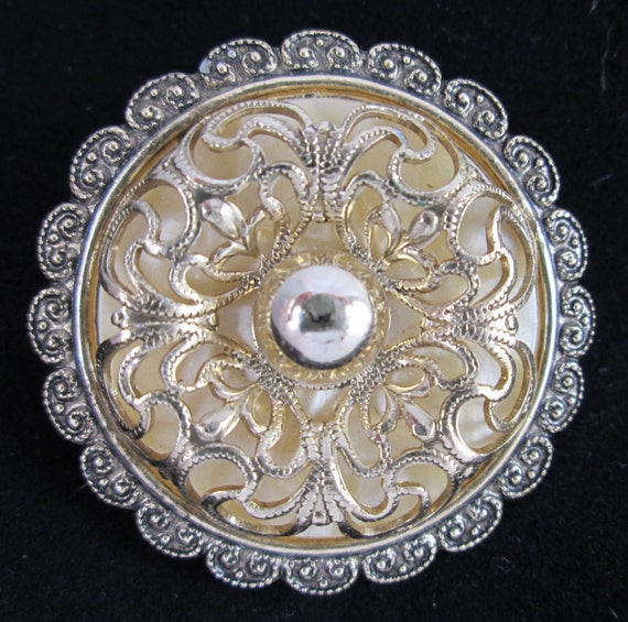 Vintage West German Scarf Ring Silvertone Designer Filigree w/ Black Accents