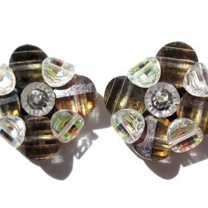 Sweet Vintage Clip On Earrings Faceted Crystal Bead Cluster Clusters Beaded Marked MADE ITALY Clear Smoke Smokey Round Flower Floral Sparkly