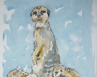 Meerkat art, an original watercolour and pen wildlife painting of a family of meerkats by EdieBrae